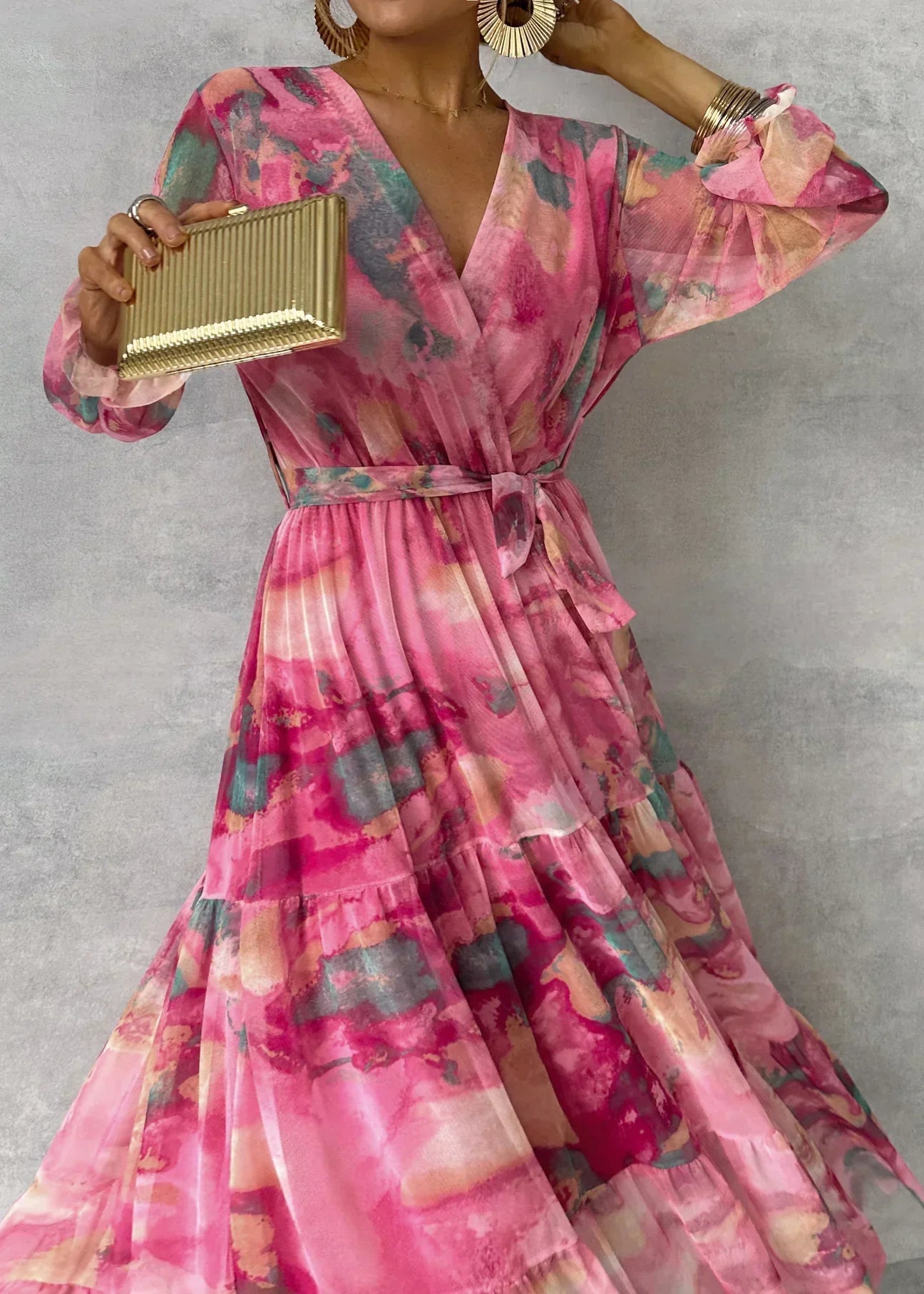 Damen Maxi Wickelkleid mit Blumenmuster und langen Ärmeln
