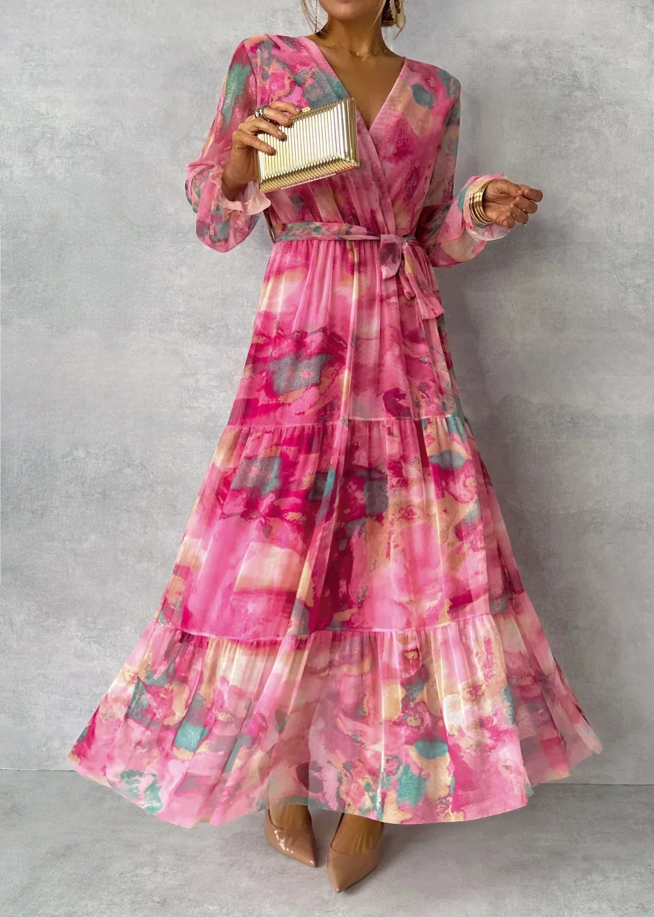 Damen Maxi Wickelkleid mit Blumenmuster und langen Ärmeln