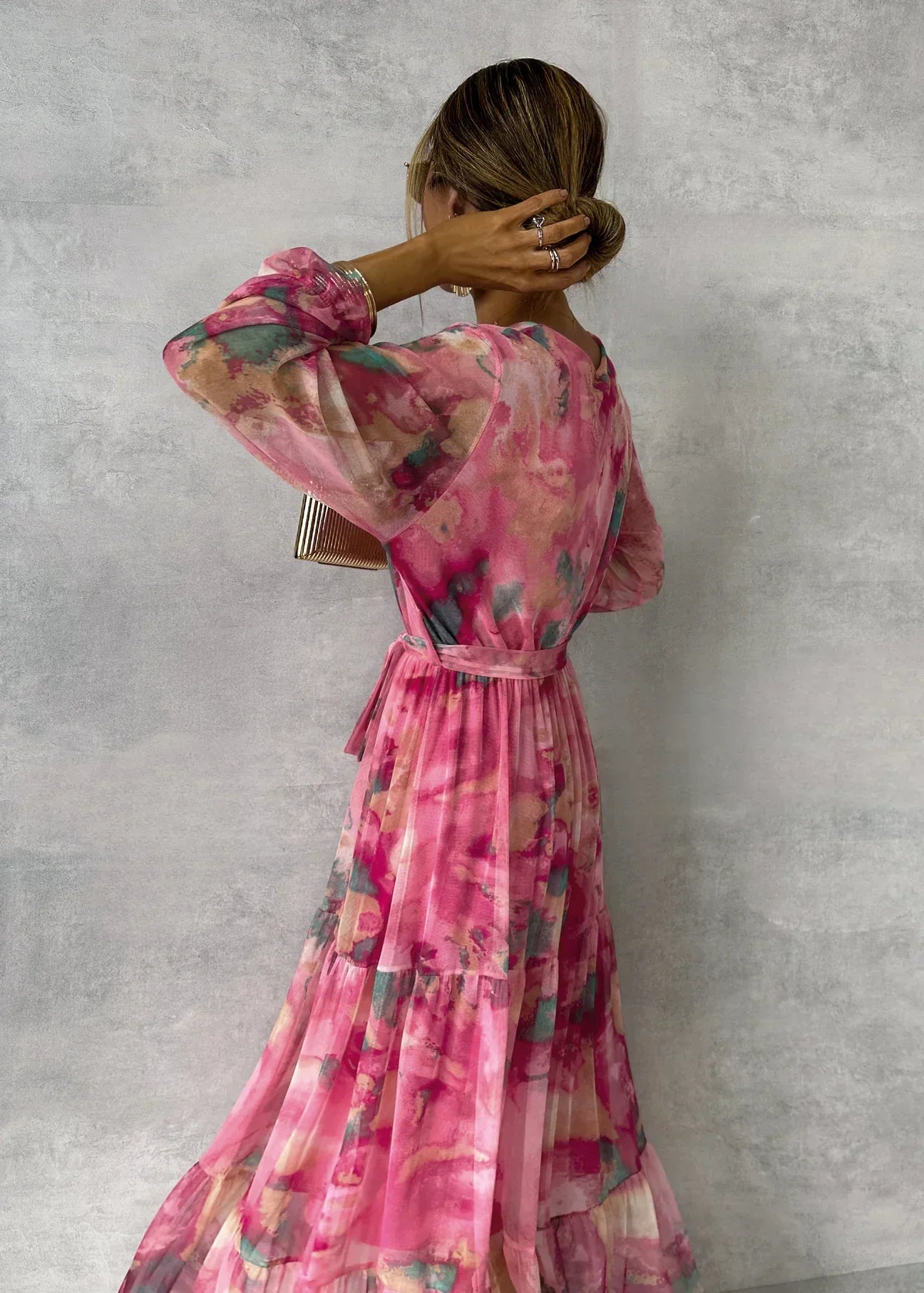 Damen Maxi Wickelkleid mit Blumenmuster und langen Ärmeln