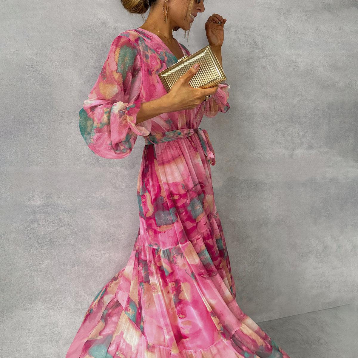 Damen Maxi Wickelkleid mit Blumenmuster und langen Ärmeln
