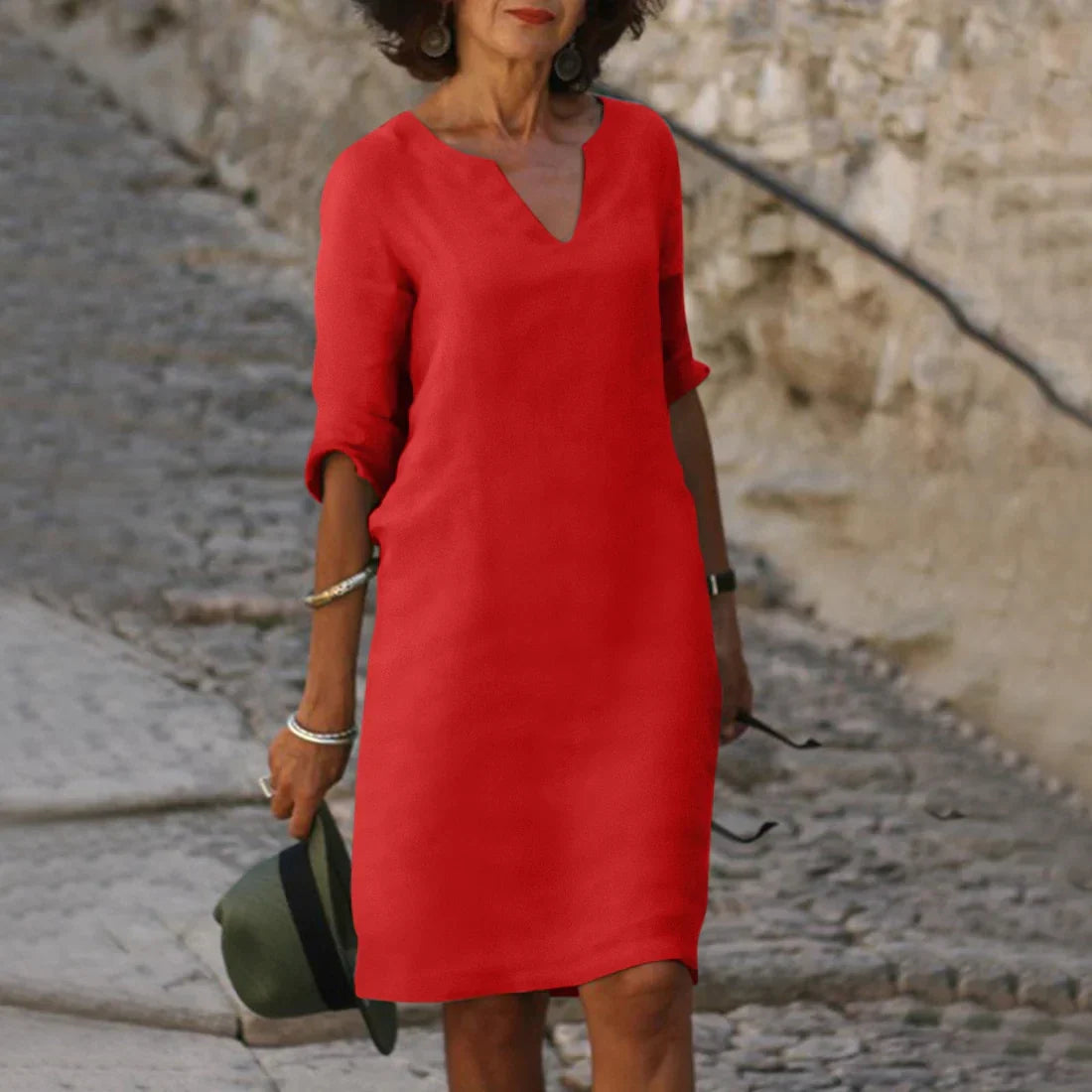 Damen Mini Kleid mit V-Ausschnitt und 3/4-Ärmeln