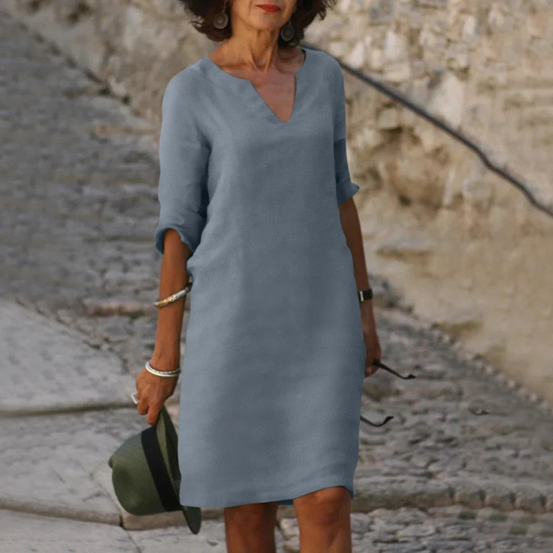 Damen Mini Kleid mit V-Ausschnitt und 3/4-Ärmeln
