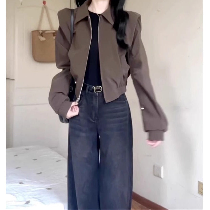 Braune Kurzjacke mit Reißverschluss und Langarm für Damen - Ester