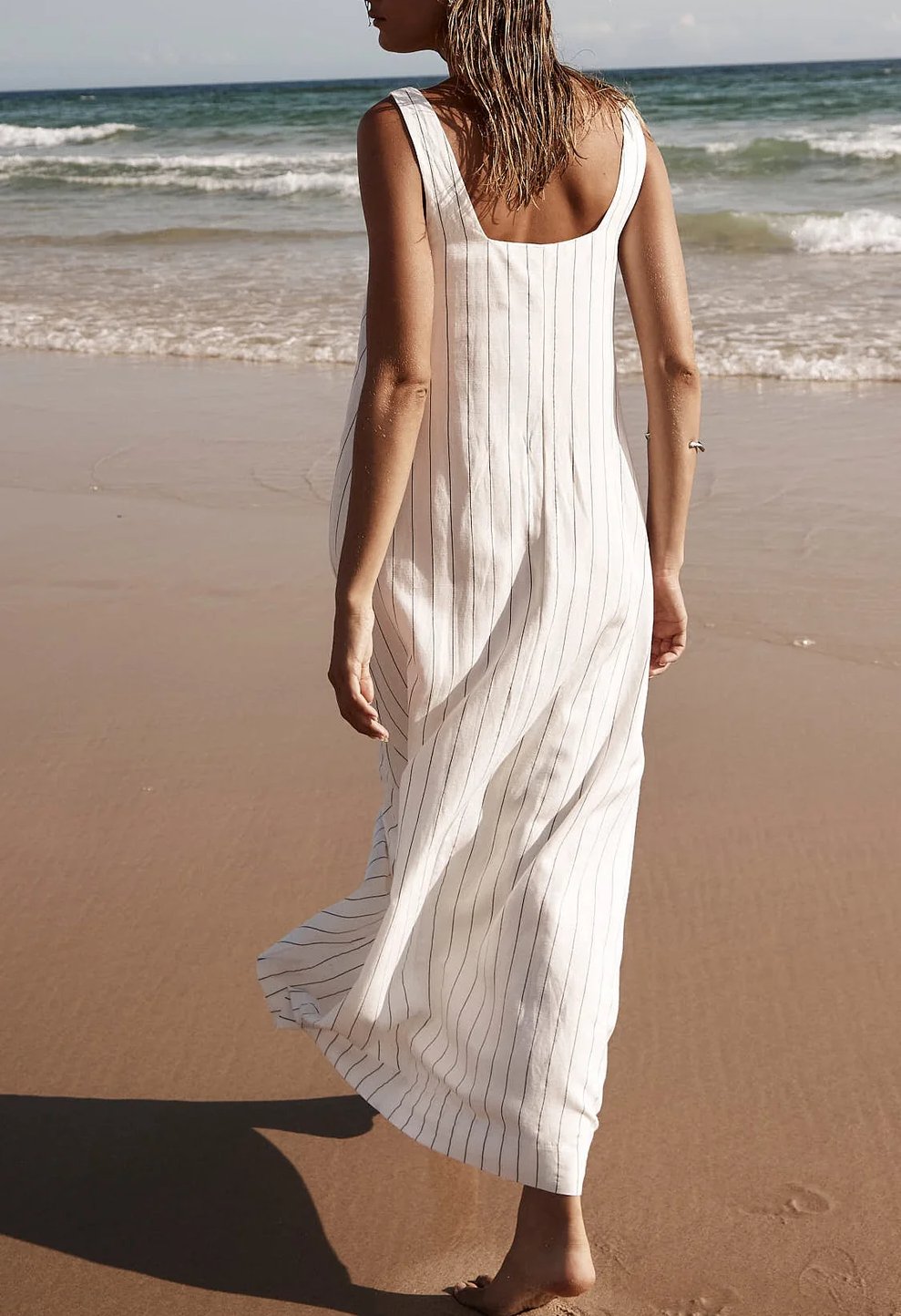 Chic gestreiftes Leinenkleid mit quadratischem Ausschnitt – Julia