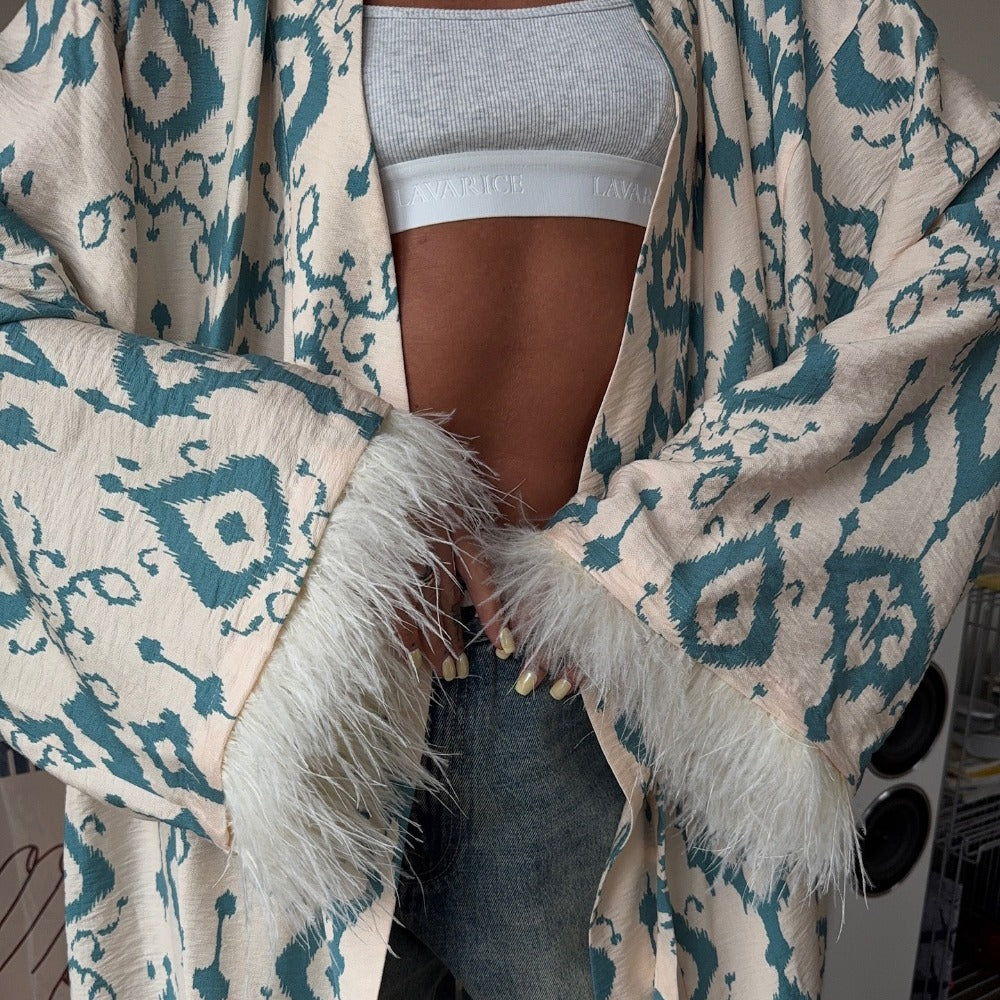 Beige-türkis bedruckter Kimono-Maximantel mit Federärmeln für Damen - Rachele