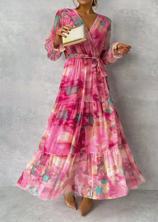 Damen Maxi Wickelkleid mit Blumenmuster und langen Ärmeln