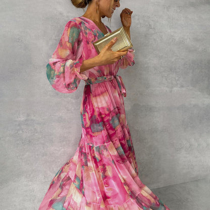 Damen Maxi Wickelkleid mit Blumenmuster und langen Ärmeln