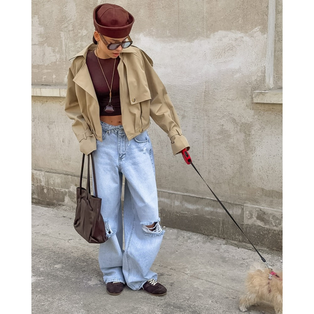 Khakifarbener Kurz-Trenchcoat mit breitem Kragen für Damen – Romana