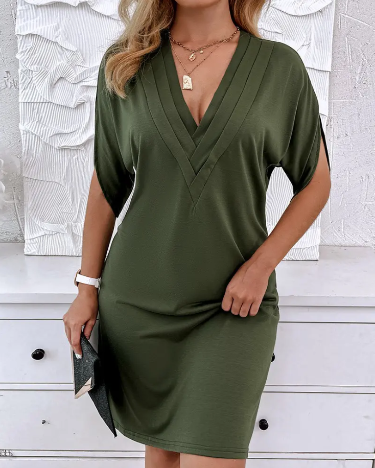 Chices Baumwoll-Leinenkleid mit V-Ausschnitt – Julia
