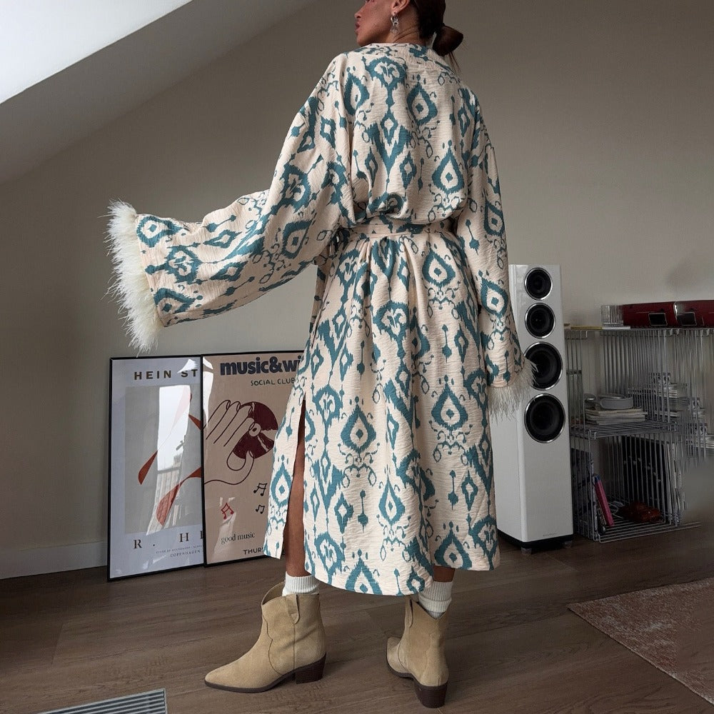Beige-türkis bedruckter Kimono-Maximantel mit Federärmeln für Damen - Rachele