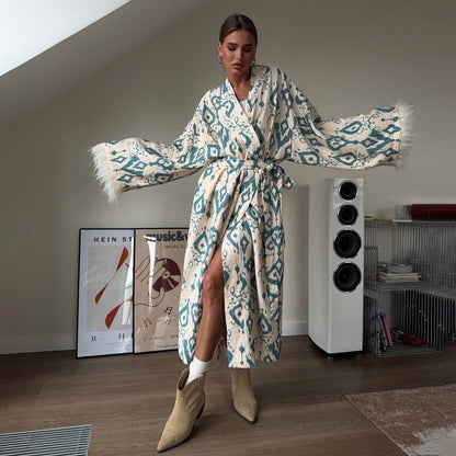 Beige-türkis bedruckter Kimono-Maximantel mit Federärmeln für Damen - Rachele
