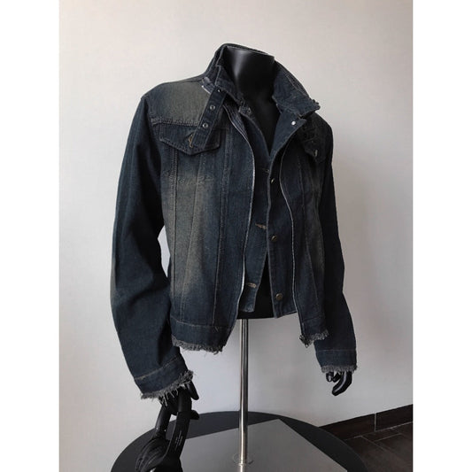Dunkelblaue Jeansjacke mit Ausgefranstem Saum für Damen und Herren - Diana