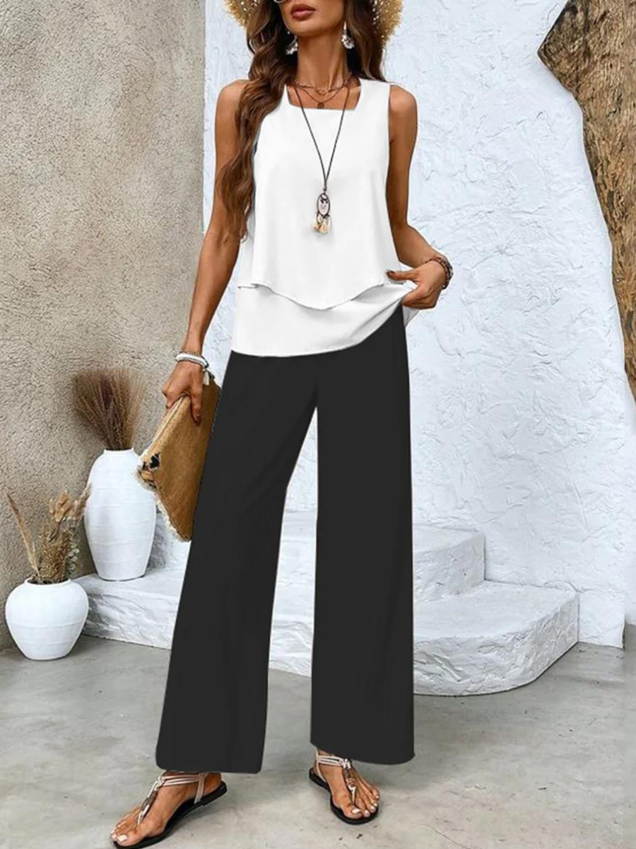Zweiteiliges Damen Set mit Ärmellosem Top und Gerader Hose