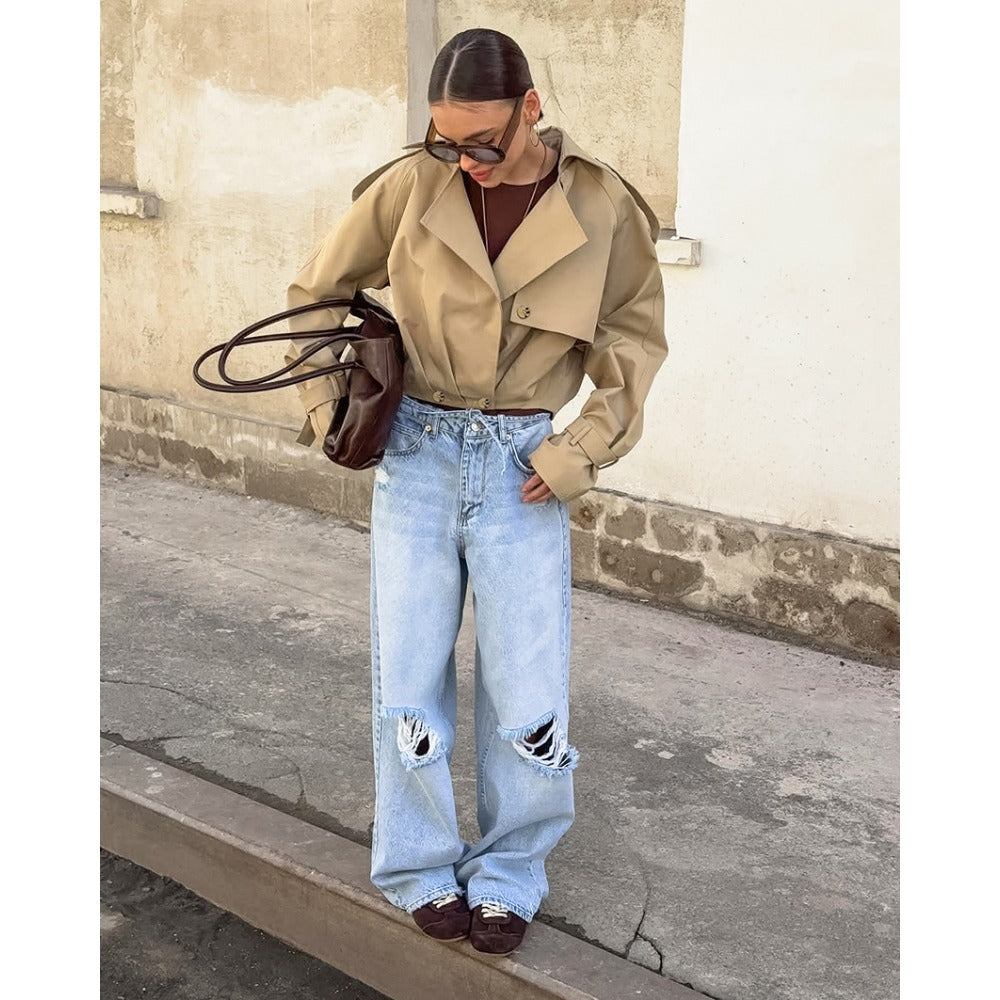 Khakifarbener Kurz-Trenchcoat mit breitem Kragen für Damen – Romana