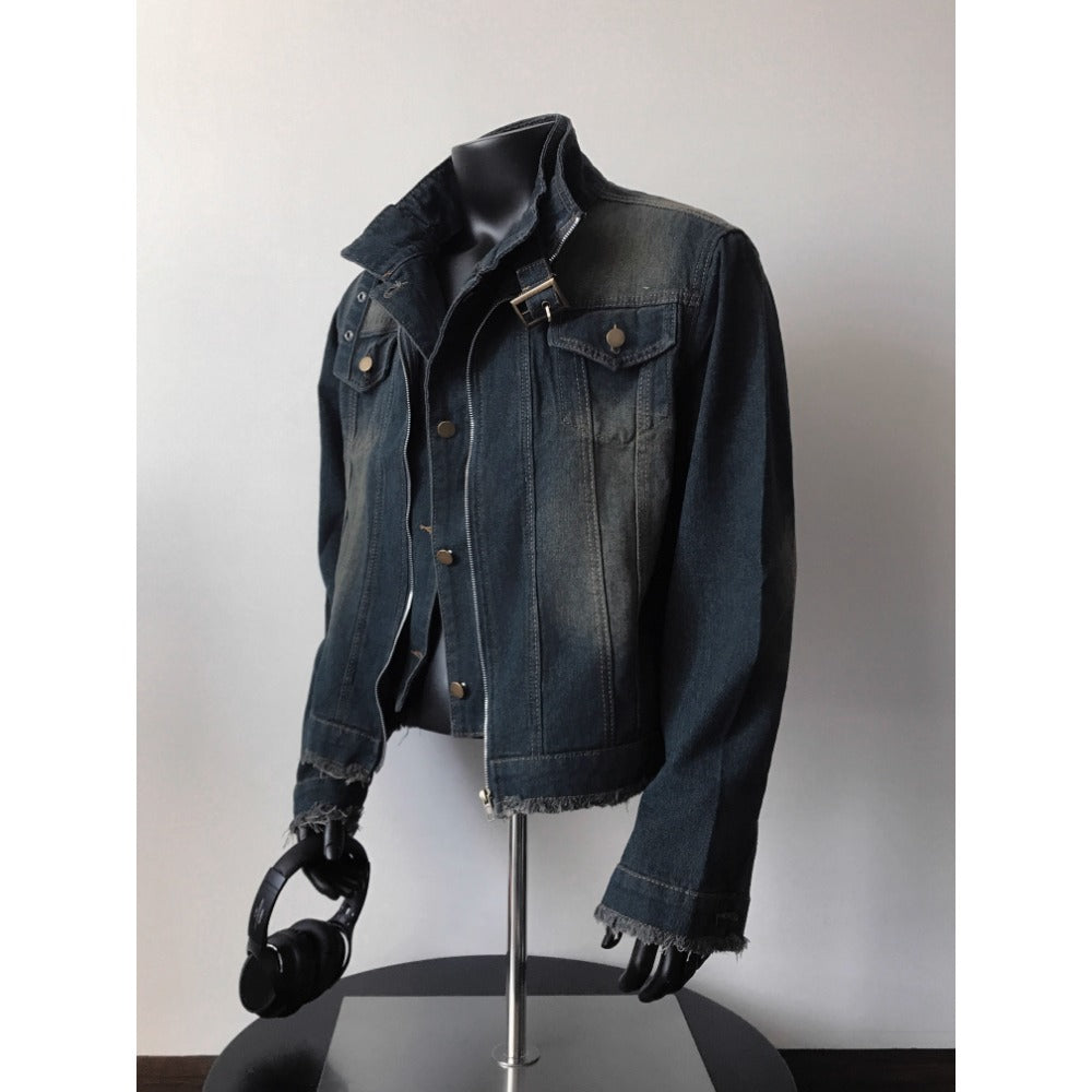 Dunkelblaue Jeansjacke mit Ausgefranstem Saum für Damen und Herren - Diana