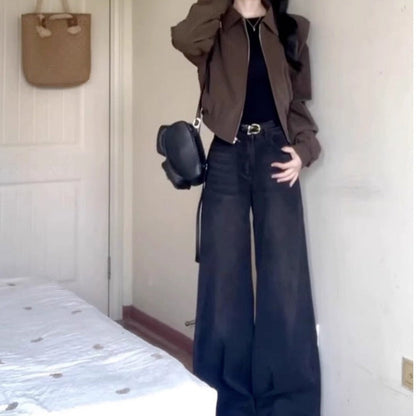 Braune Kurzjacke mit Reißverschluss und Langarm für Damen - Ester