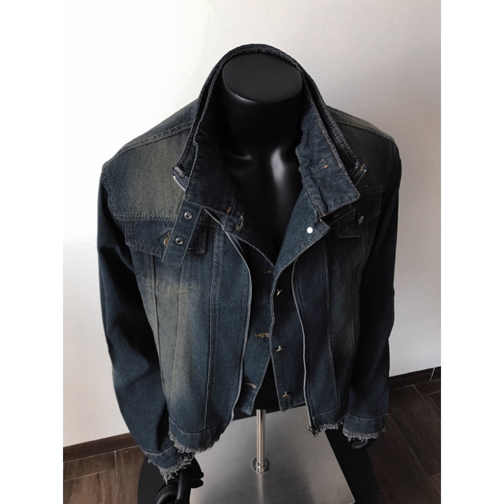 Dunkelblaue Jeansjacke mit Ausgefranstem Saum für Damen und Herren - Diana