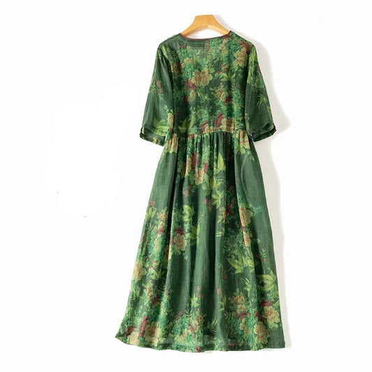 Retro Leinenkleid mit V-Ausschnitt und Spitzenverzierung –  Clara