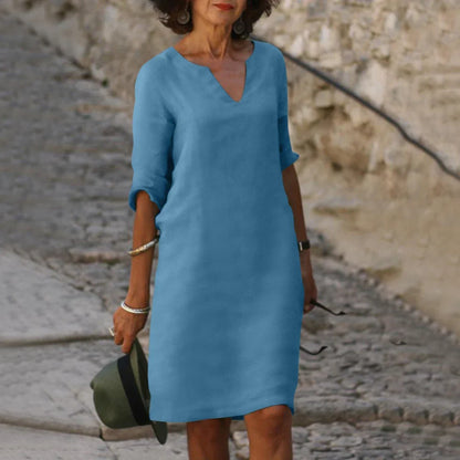 Damen Mini Kleid mit V-Ausschnitt und 3/4-Ärmeln