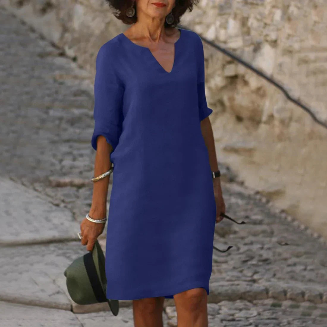Damen Mini Kleid mit V-Ausschnitt und 3/4-Ärmeln