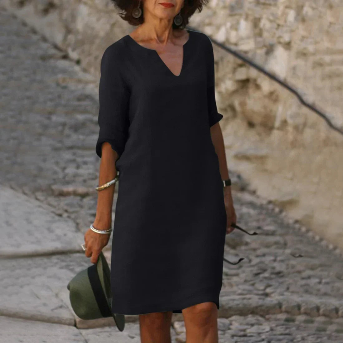 Damen Mini Kleid mit V-Ausschnitt und 3/4-Ärmeln