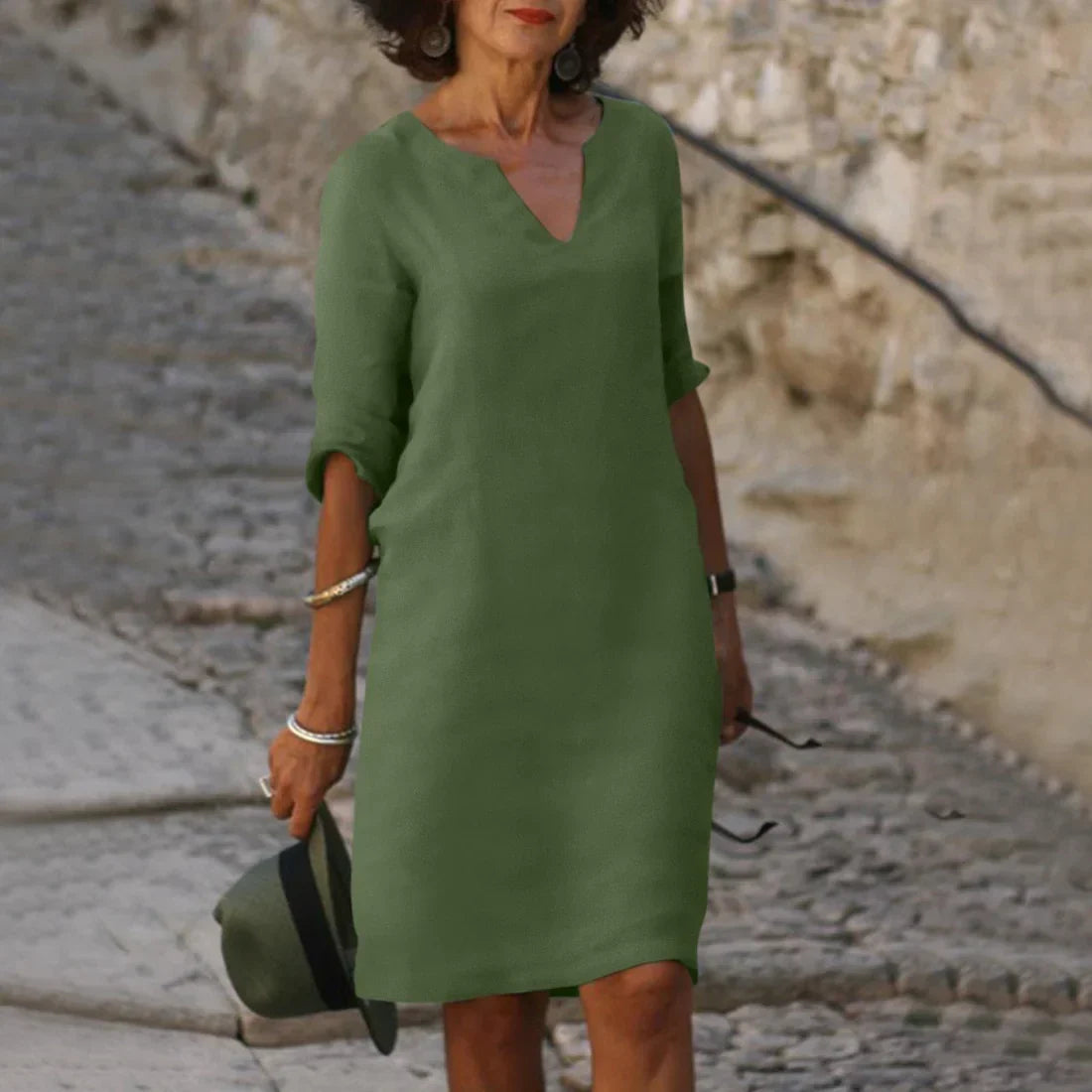 Damen Mini Kleid mit V-Ausschnitt und 3/4-Ärmeln