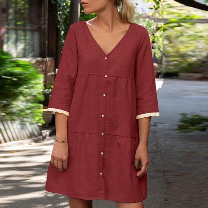 Komfortables Leinenkleid mit Spitze und Knopfleiste für Damen – Julia