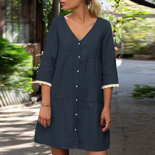 Komfortables Leinenkleid mit Spitze und Knopfleiste für Damen – Julia