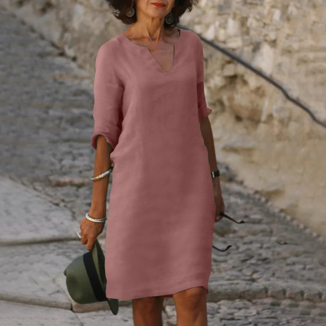 Damen Mini Kleid mit V-Ausschnitt und 3/4-Ärmeln