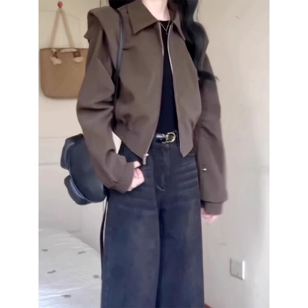 Braune Kurzjacke mit Reißverschluss und Langarm für Damen - Ester