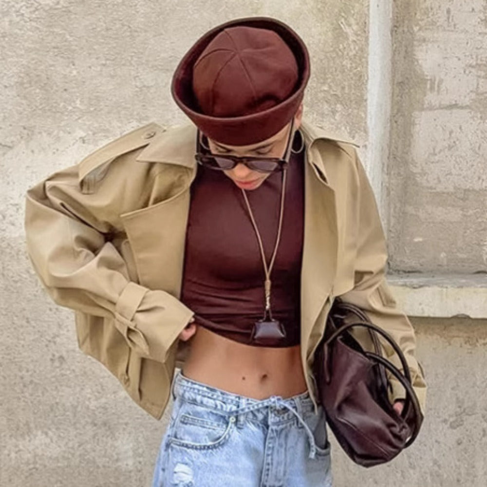 Khakifarbener Kurz-Trenchcoat mit breitem Kragen für Damen – Romana