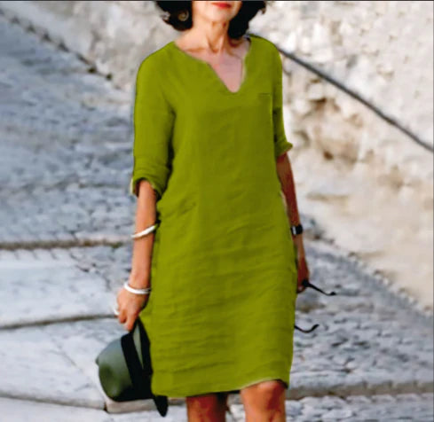 Damen Mini Kleid mit V-Ausschnitt und 3/4-Ärmeln