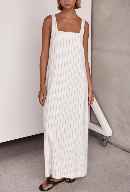 Chic gestreiftes Leinenkleid mit quadratischem Ausschnitt – Julia