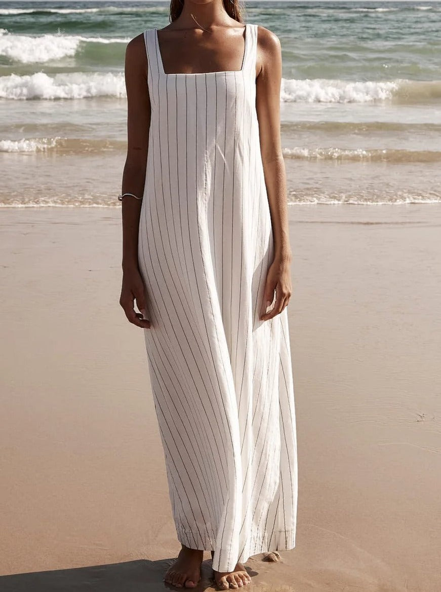 Chic gestreiftes Leinenkleid mit quadratischem Ausschnitt – Julia