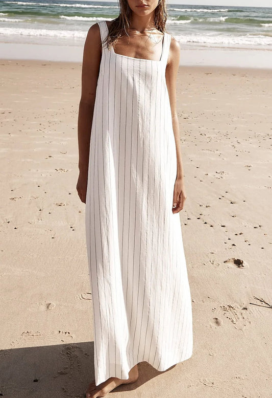 Chic gestreiftes Leinenkleid mit quadratischem Ausschnitt – Julia
